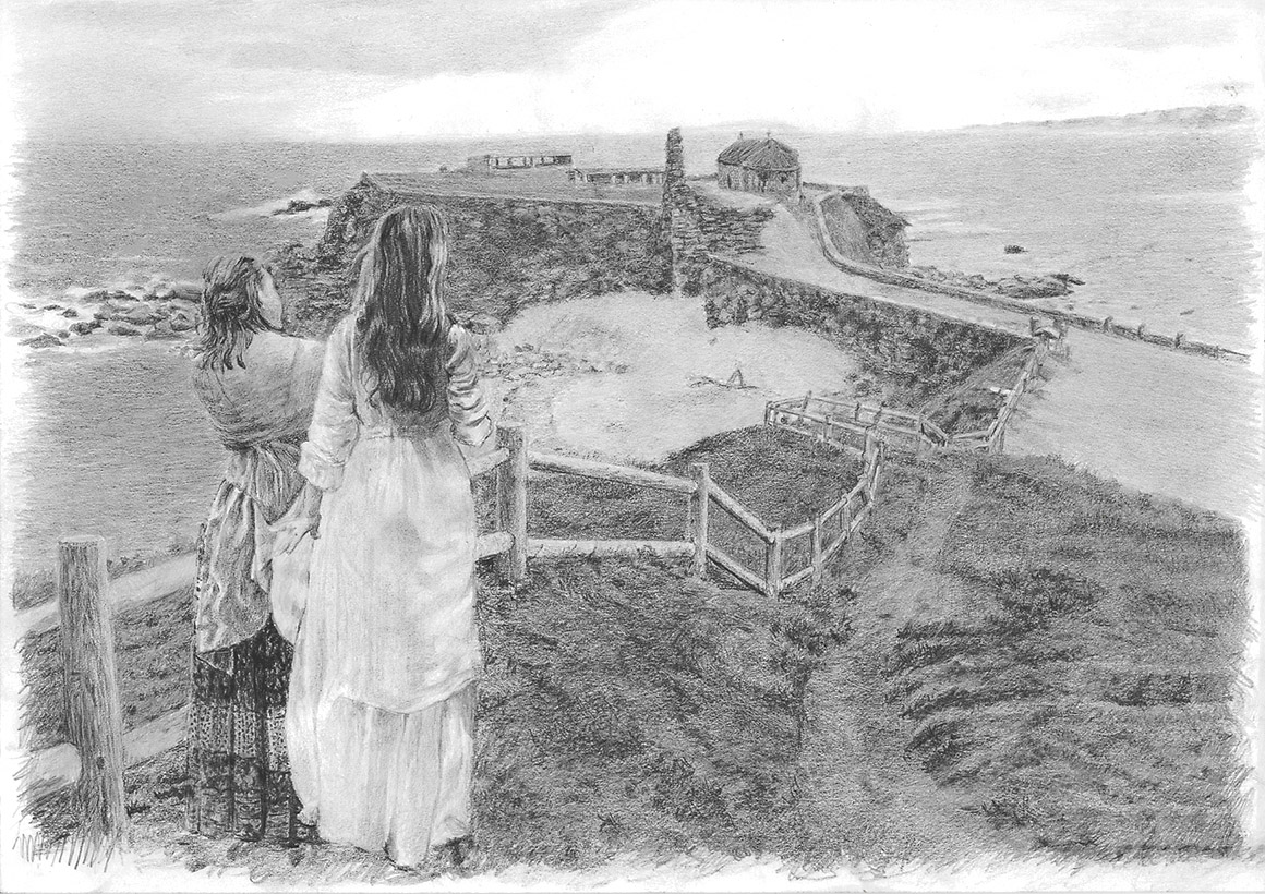 Dibujo de Anais y Josefina mirando A Lanzada en Sanxenxo dibujo