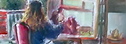 Acuarela de Toni Conejo retratando a la Pintora Montse Cantí pintando en el estudio de Castelldefels
