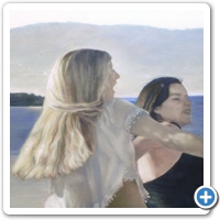 Detalle de la pintura muchachas danzando en praia de Baltar, Portonvo.